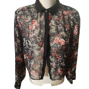 Whimsigoth Sheer Floral Button Up Shirt Black Pink Roses Long Sleeve Top medium